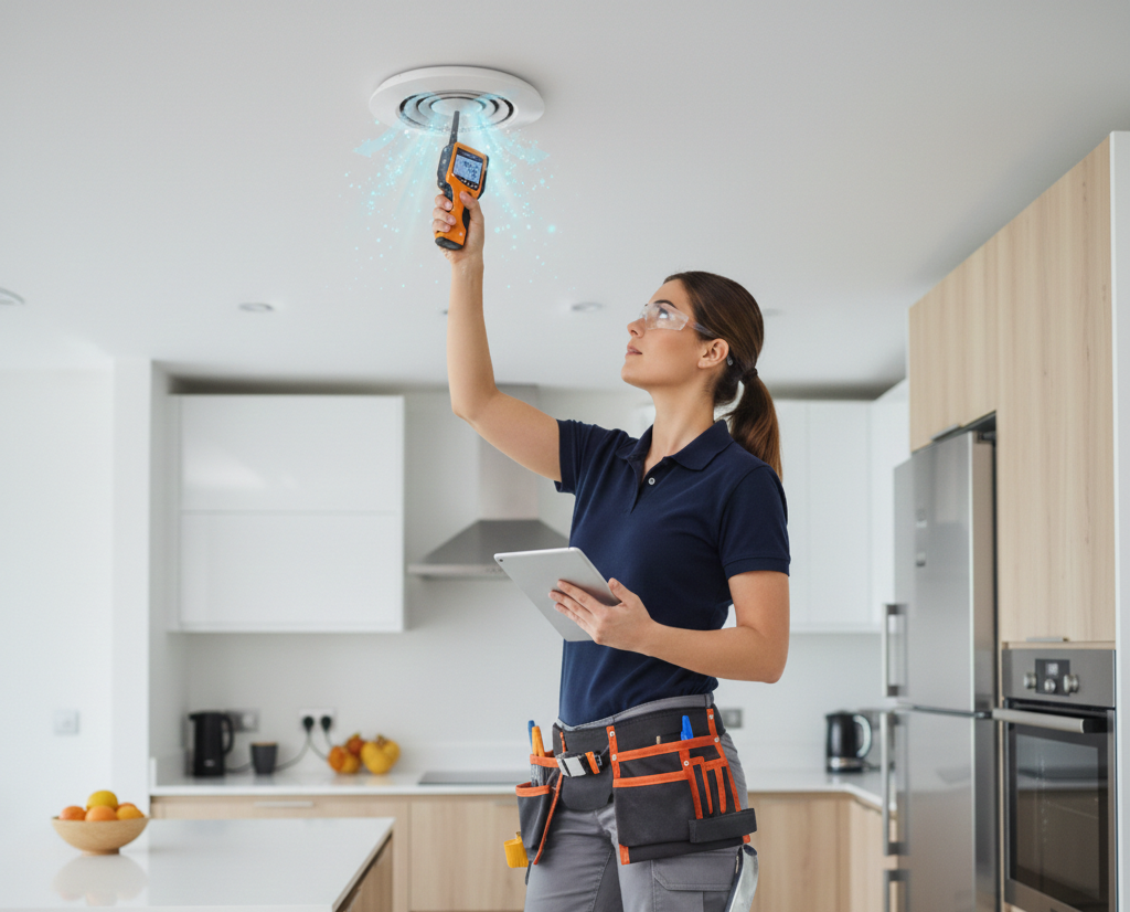 Artisan électricienne contrôlant le débit d'une VMC à Cognac